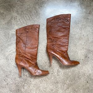 Brown faux leather western design 3 inch heel boot